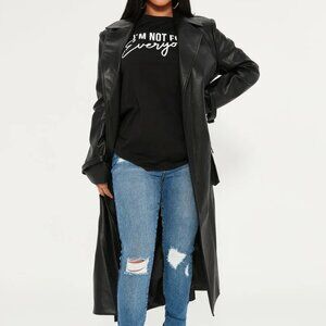 Faux Leather Belted Trench Coat - Black Size L